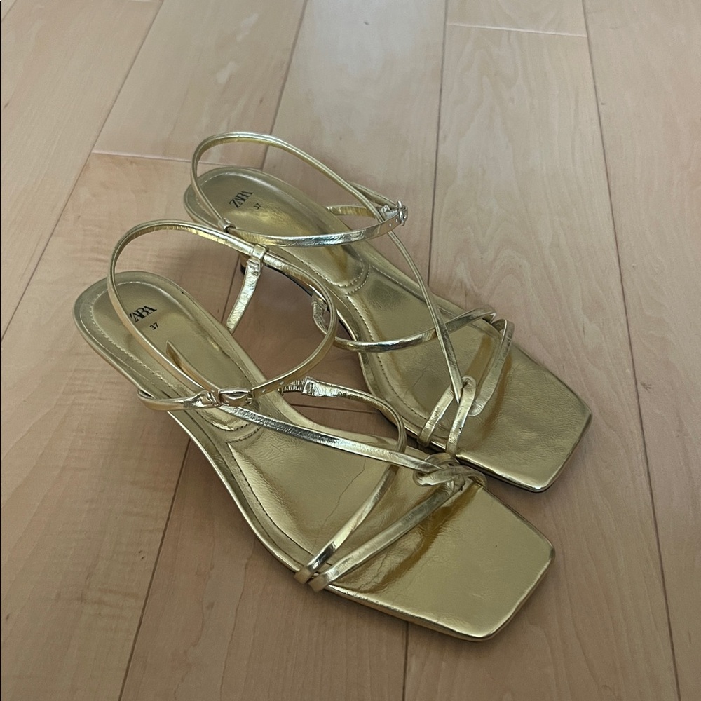 Zara Metallic Gold Strappy Kitten Heel Sandals